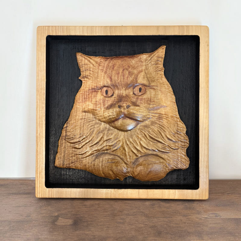Custom carved wood pet portrait of Supra, Handsom orange cat made of poplar
