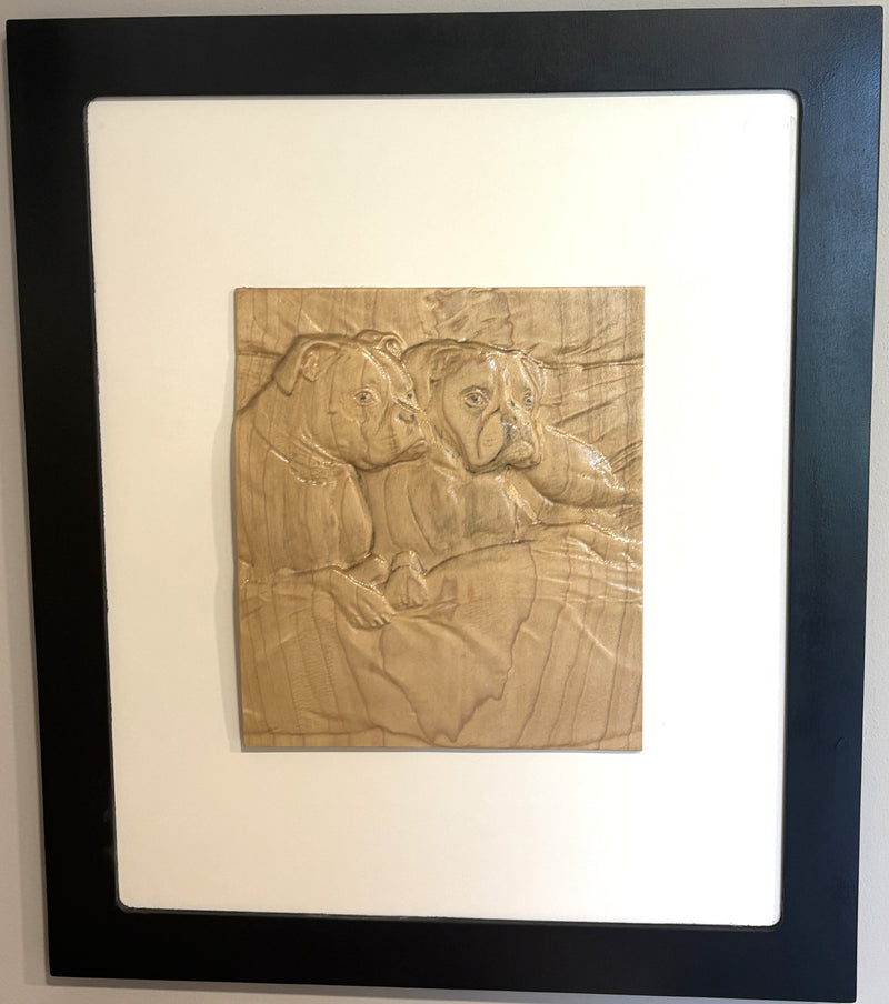 Custom carved wood pet portrait of Tucker and Saydee, Made of poplar set on a white backer in a solid one piece frame