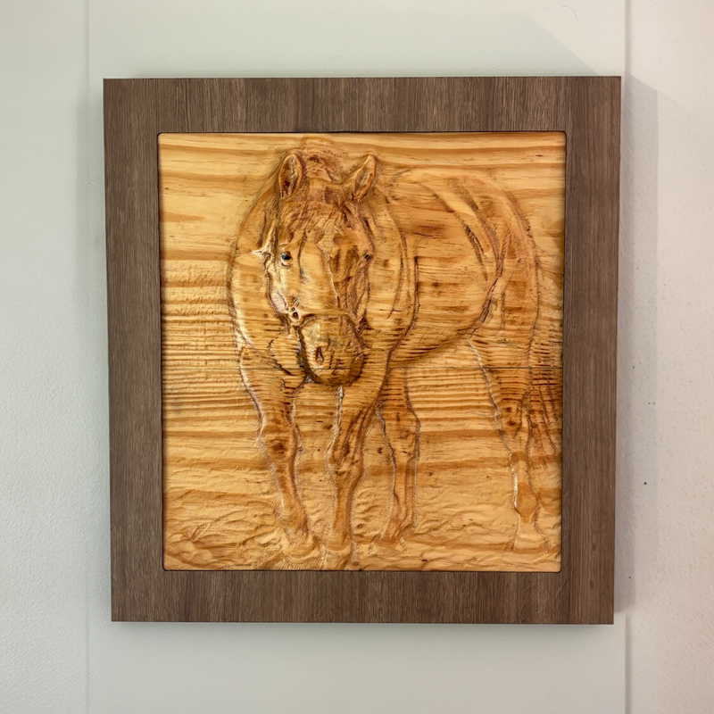 Custom carved wood pet portrait of Tahoe, Made from pine and set in a one solid piece laminated frame