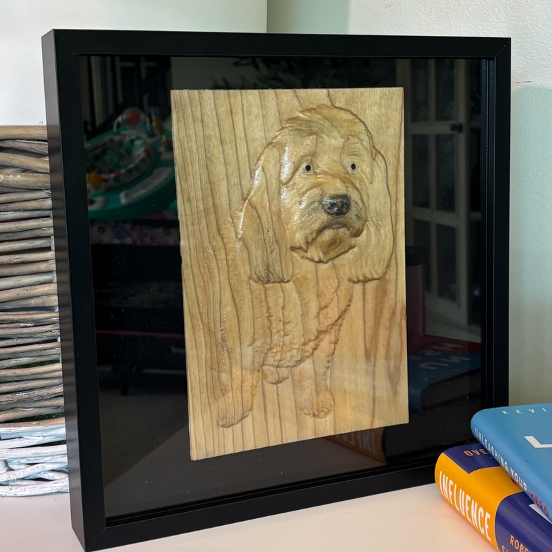 Custom carved wood pet portrait of Cooper, Made of poplar and set in a shadowbox behind glass