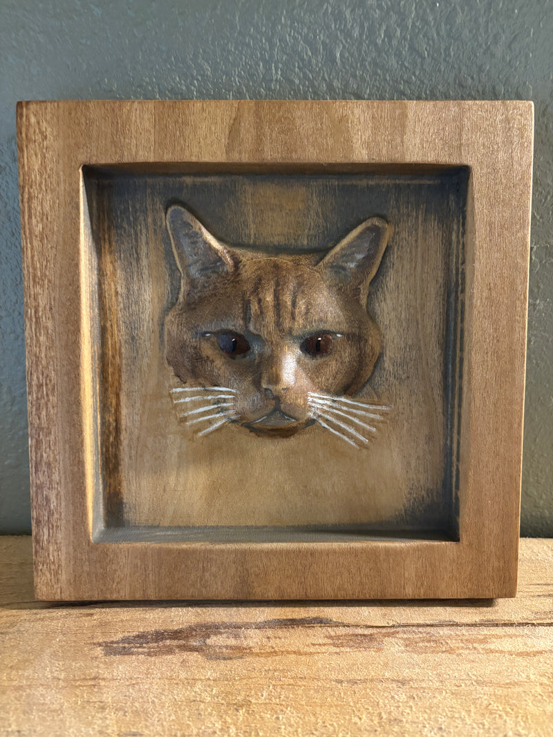 British Shorthair Tabby Cat Portrait Wood Carving | Custom Pet Memorial Wall Art | Hand Finished Solid Hardwood Cat Sculpture