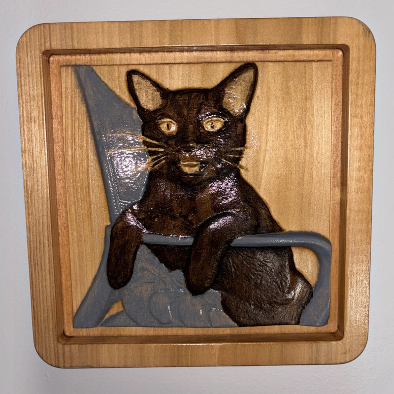 Custom Cat Portrait Wood Carving | Personalized Pet Memorial Art | Hand Carved Cat Sign