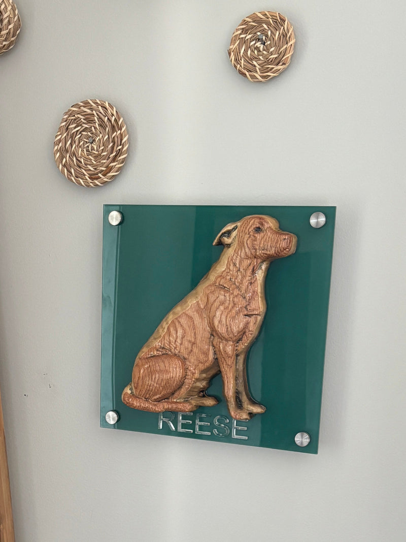 Custom carved wood pet portrait of Reese, Cattle dog made of oak and poplar set on acrylic