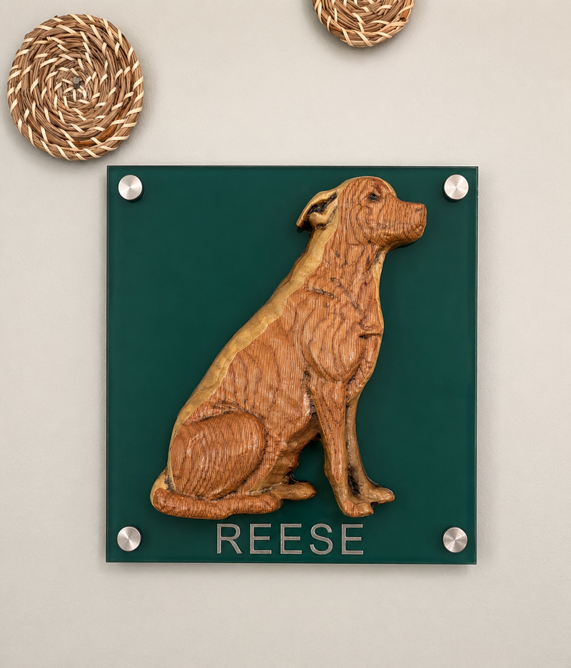 Custom carved solid wood pet portrait made from a photo, hand-finished — Grain & Memory Studio