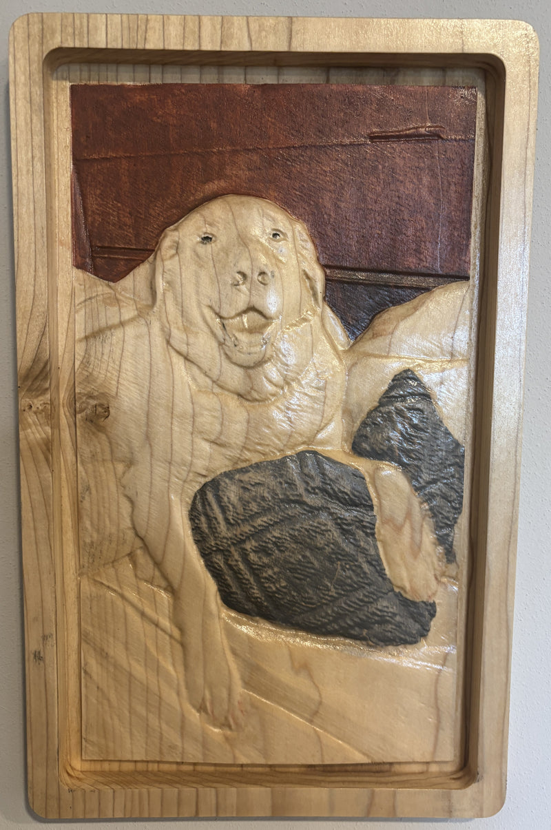 Custom carved wood pet portrait of Covey, Made from one solid piece of poplar