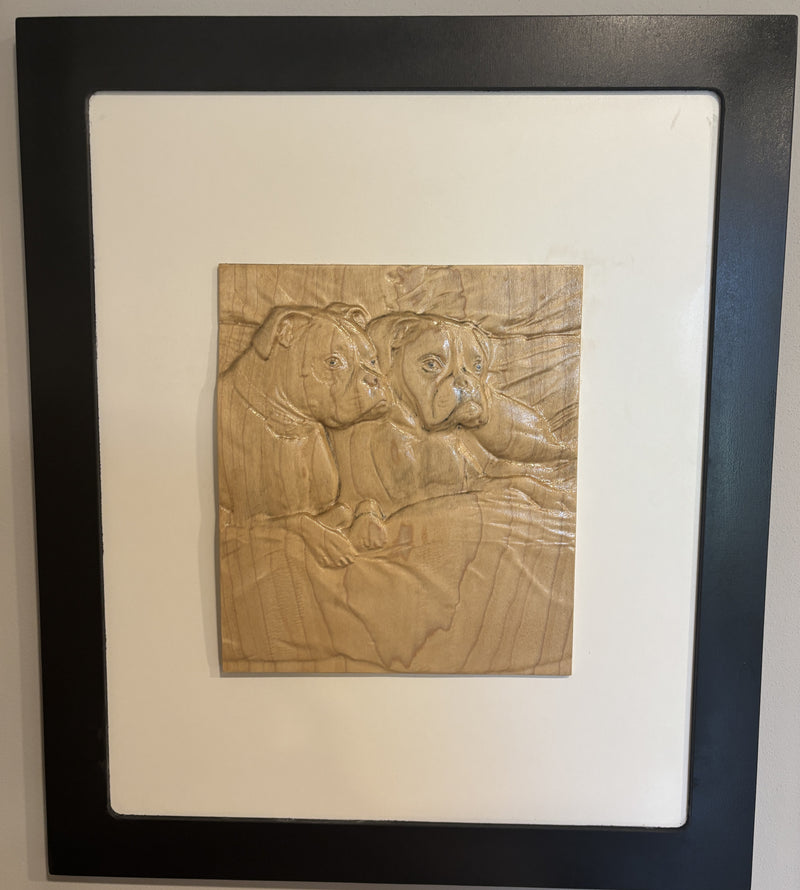 Custom carved wood boxer dog portrait made from a photo, hand-finished — Grain & Memory Studio