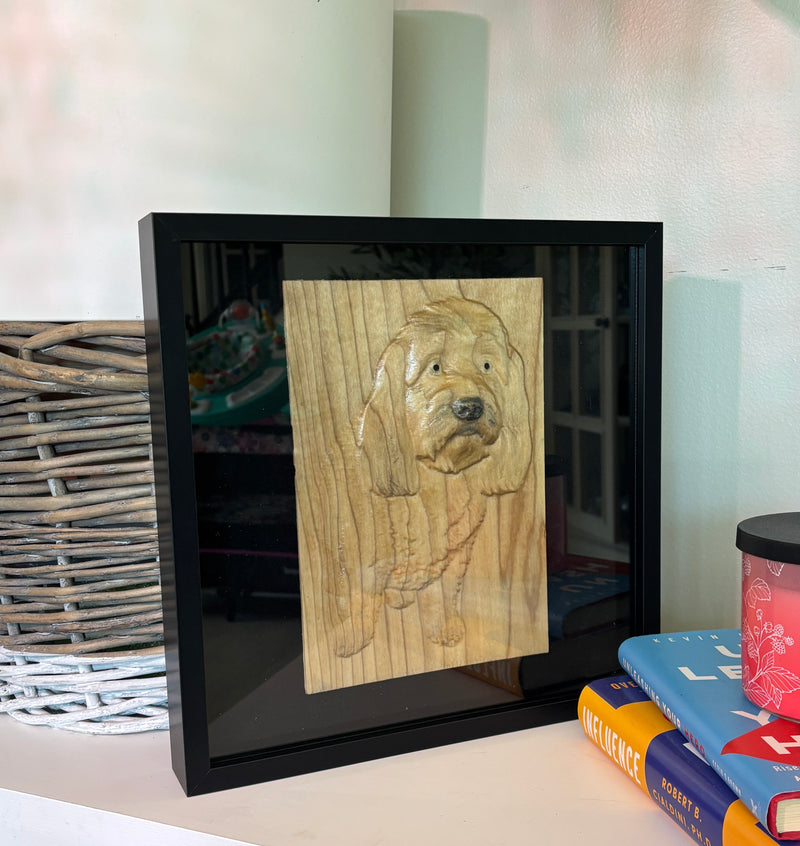 Solid hardwood dog portrait carved from a customer's photo