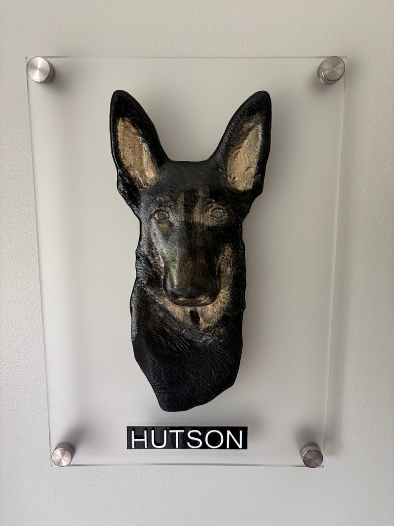 Custom carved wood pet portrait of Hutson, Made of poplar and set on frosted acrylic